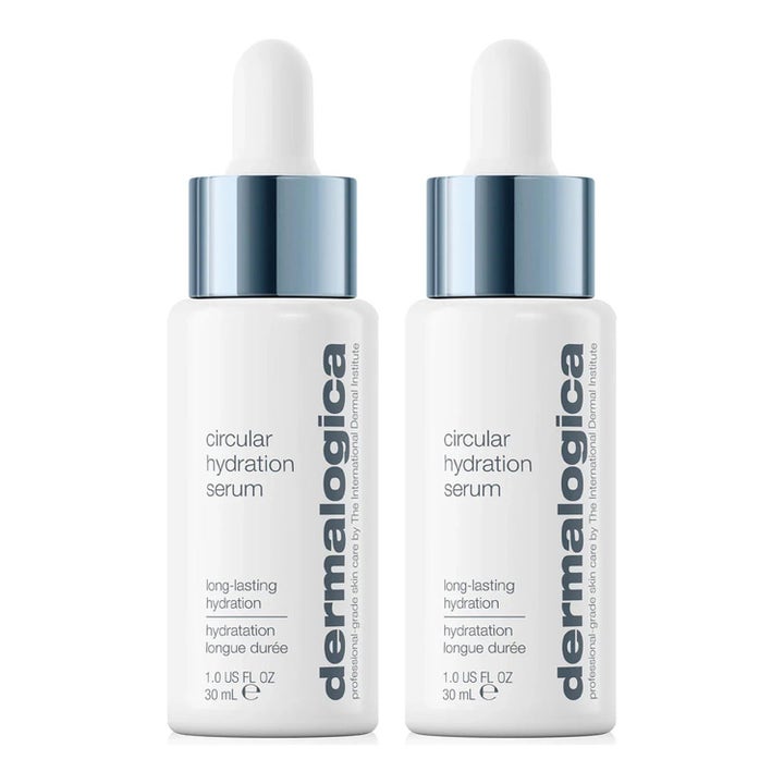 Dermalogica Circular Hydration Serum 30 ml återfuktande ansiktsserum i två vita flaskor med silverfärgade lock