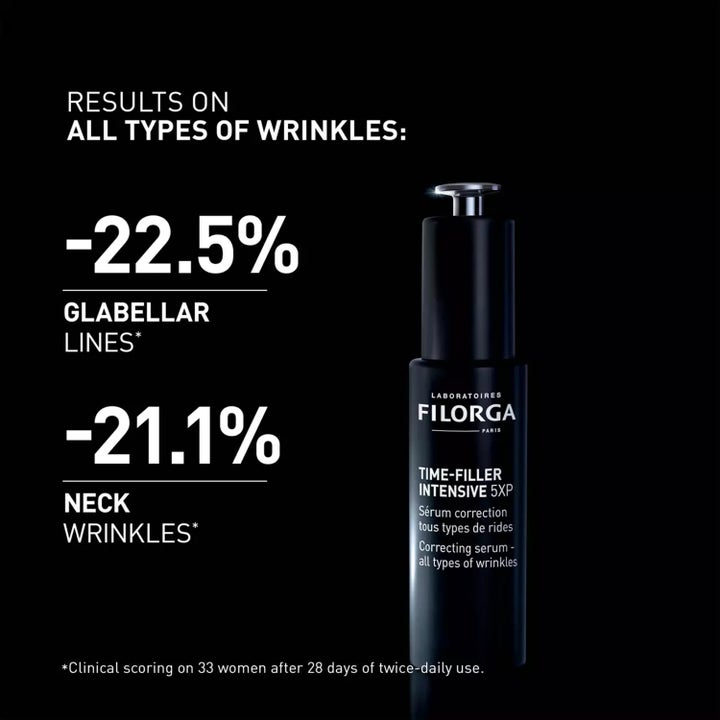 Filorga Time-Filler Intensive 30 ml rynkkorrigerande serum i svart pumpflaska med kliniska resultat