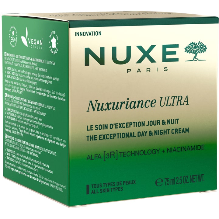 Nuxe Nuxuriance Ultra 75 ml kräm med niacinamid i grönvit ytterkartong ger intensiv uppstramande ansiktsvård.