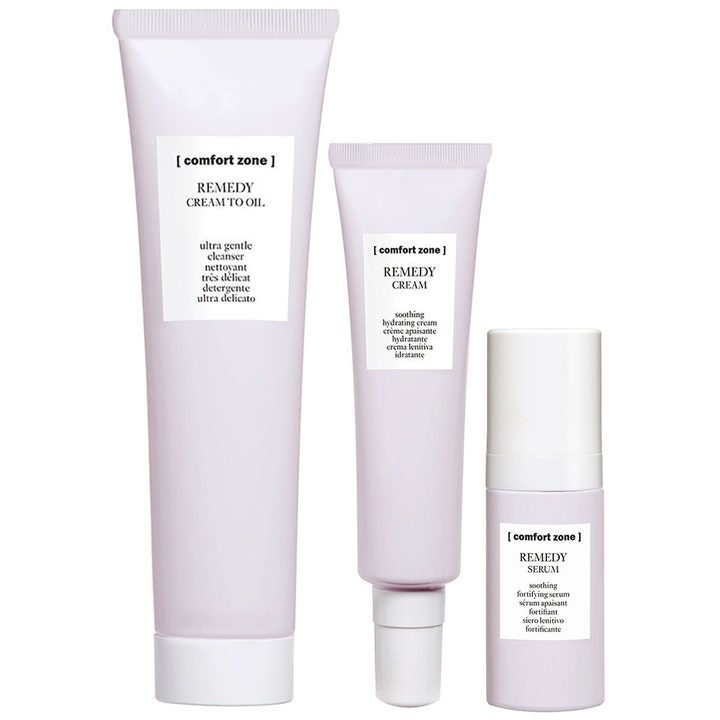 [comfort zone] Remedy hudvårdskit lugnande produkter i ljuslila tuber och flaska för känslig hy