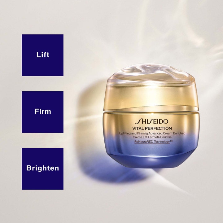 Shiseido Vital Perfection Enriched Refill 50 ml anti-aging kräm i guld och blå burk med rutorna Lift Firm och Brighten