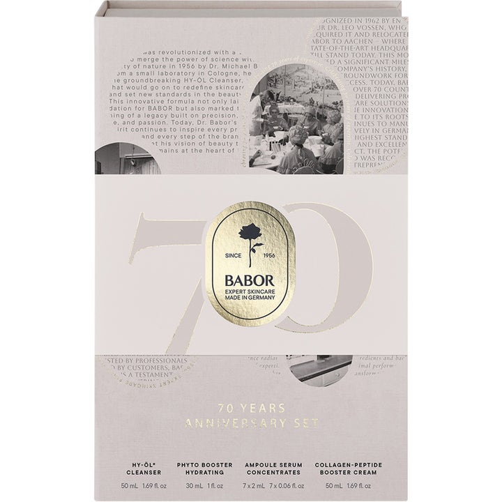 Babor 70 Anniversary Set 144 ml ansiktsvård i vit presentbox med guldtext som ger huden lyster och näring