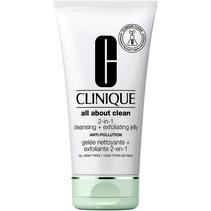 Clinique All About Clean 2-in-1 Cleansing + Exfoliating Jelly för djuprengöring ansikte i vit tub med ljusgrönt lock