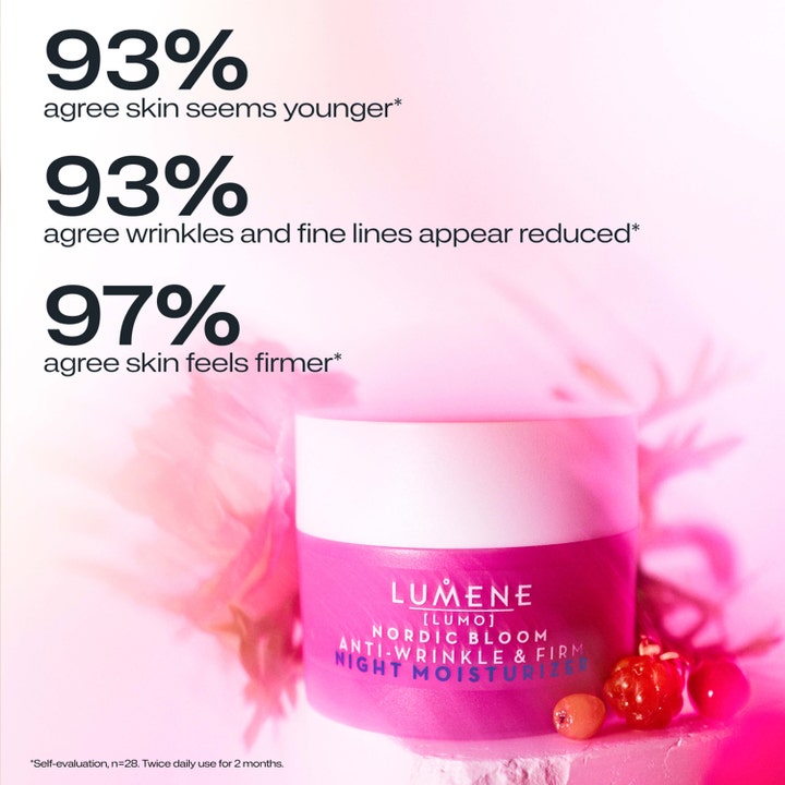 Lumene Nordic Bloom Night Moisturizer 50 ml lumene nattkräm i rosa burk med text om 97% fastare hy och minskade rynkor.