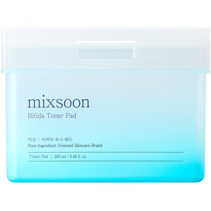 Mixsoon Bifida Toner Pad 280 ml ansiktsvård toner pads i en ljusblå tonad plastburk med vitt lock.