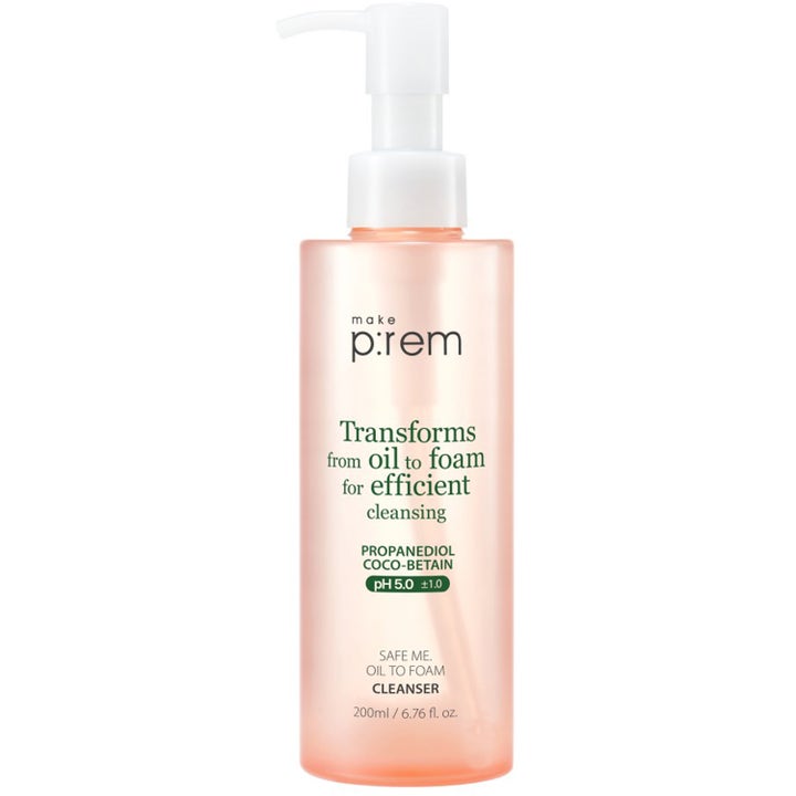 Make p:rem Safe Me. Oil To Foam Cleanser 200ml ansiktsrengöring olja till skum i persikofärgad pumpflaska