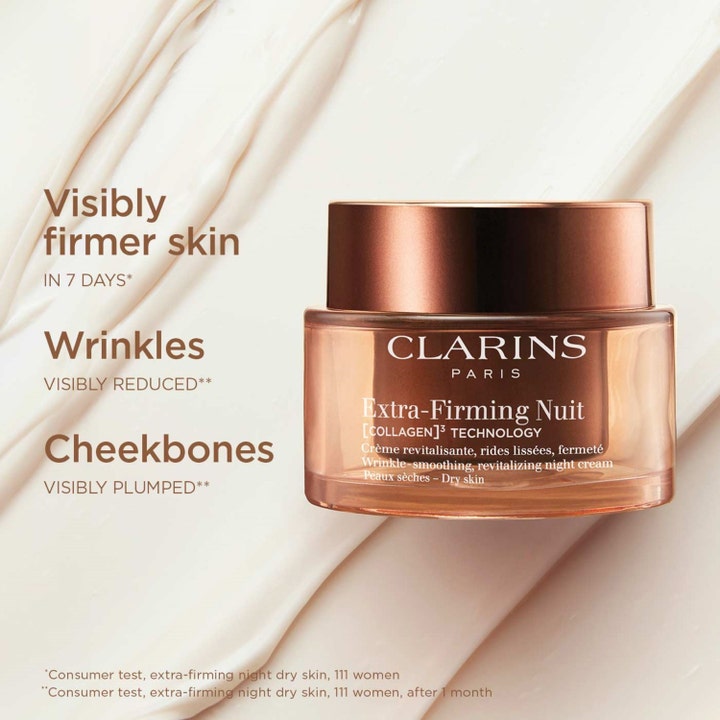 Clarins Extra-Firming Nuit 50 ml rynkslätande nattkräm i glasburk med bronslock ger synligt fastare hud.