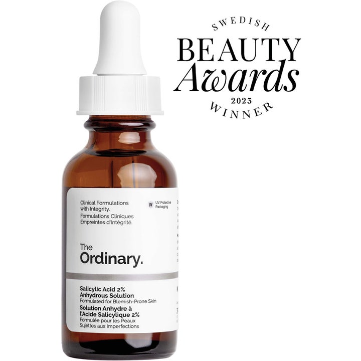 The Ordinary Salicylic Acid 2% Anhydrous Solution 30 ml serum med anti-akne salicylsyra och Swedish Beauty Awards-märke.