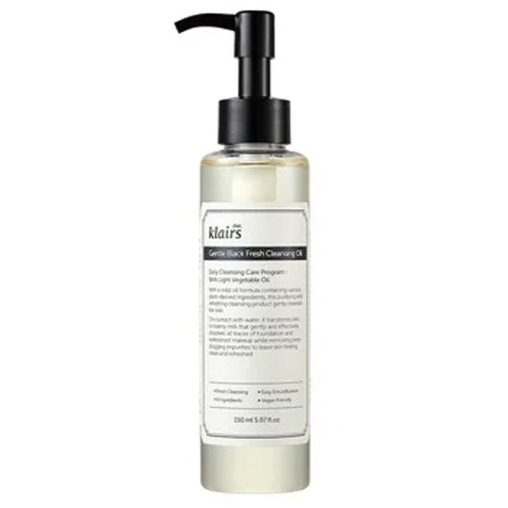 Klairs Gentle Black Fresh Cleansing Oil 150 ml djuprengörande rengöringsolja ansikte i plastflaska med pump.
