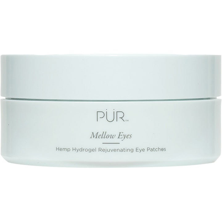 PÜR Mellow Eyes återfuktande hydrogel eye patches i en ljusgrön rund burk som ger huden ny lyster