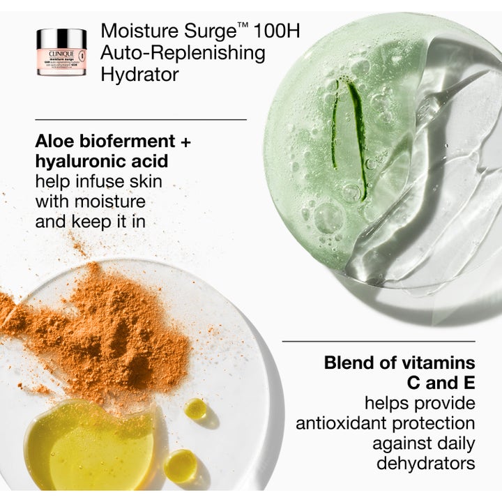 Clinique Moisture Surge 100H återfuktande ansiktskräm visar geltextur med aloe bioferment hyaluronsyra och vitaminer