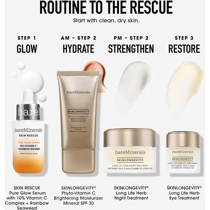 bareMinerals Skin Rescue Pure Glow Serum 30 ml vitamin c serum visas i en hudvårdsrutin för ökad lyster.