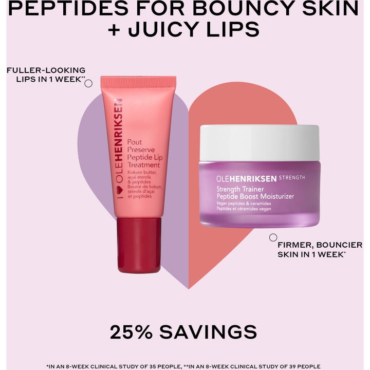 Ole Henriksen Plumping Peptide Pair 22 ml hudvårdskit med läppbehandling i tub och ansiktskräm i lila burk.