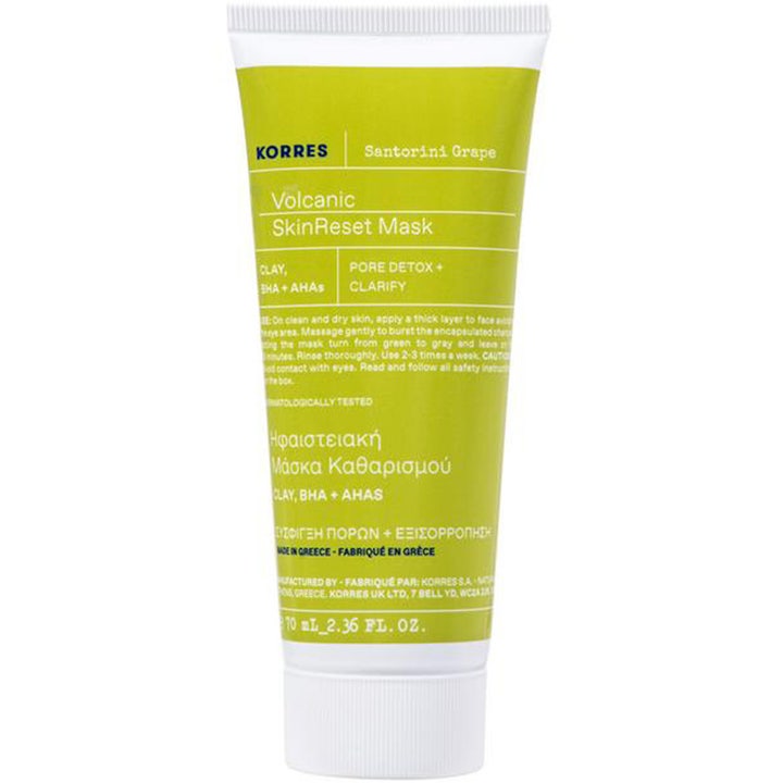 Korres Santorini Grape Volcanic SkinReset Mask 70 ml vulkanisk ansiktsmask med aha bha exfoliering i limegrön och vit tub.