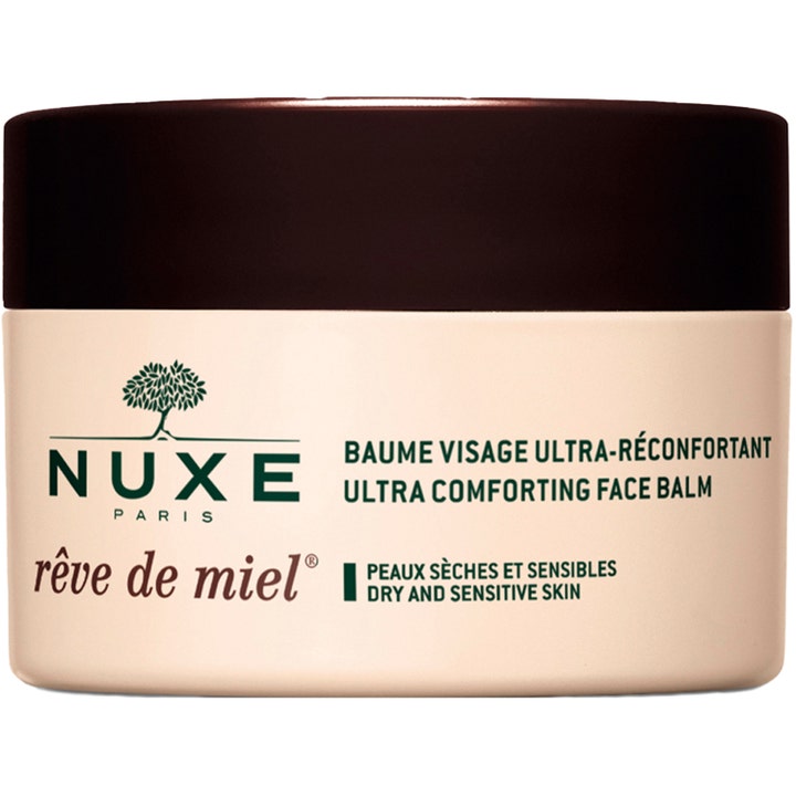Nuxe Rêve de Miel Ultra Comforting Face Balm lugnande balm torr hud i beige burk med brunt lock ger fransk hudvård fuktkräm.