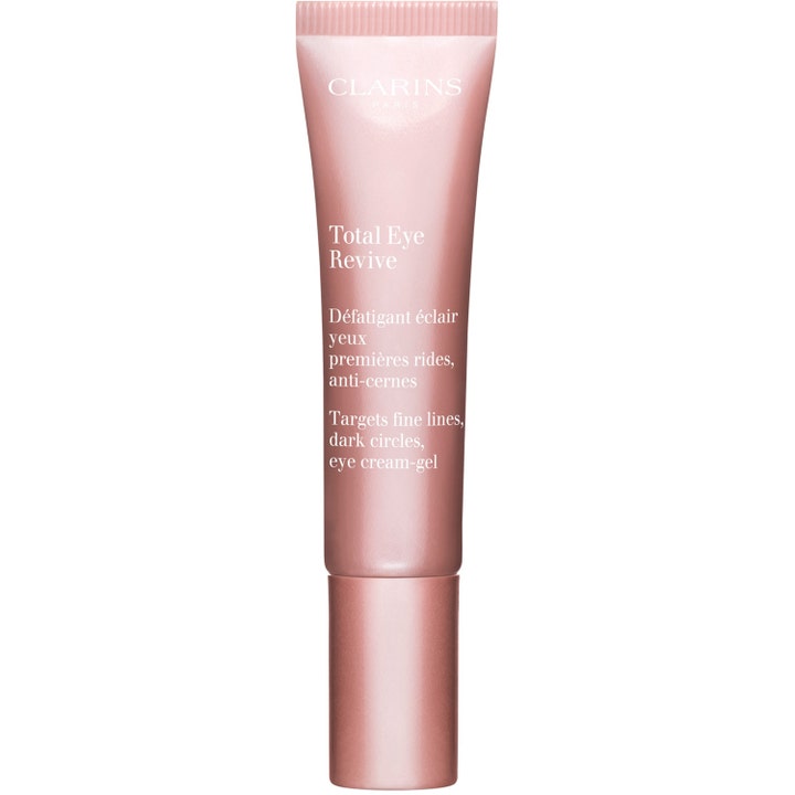 Clarins Total Eye Revive 15 ml anti-aging ögonkräm för mörka ringar i en elegant rosa skimrande tub.