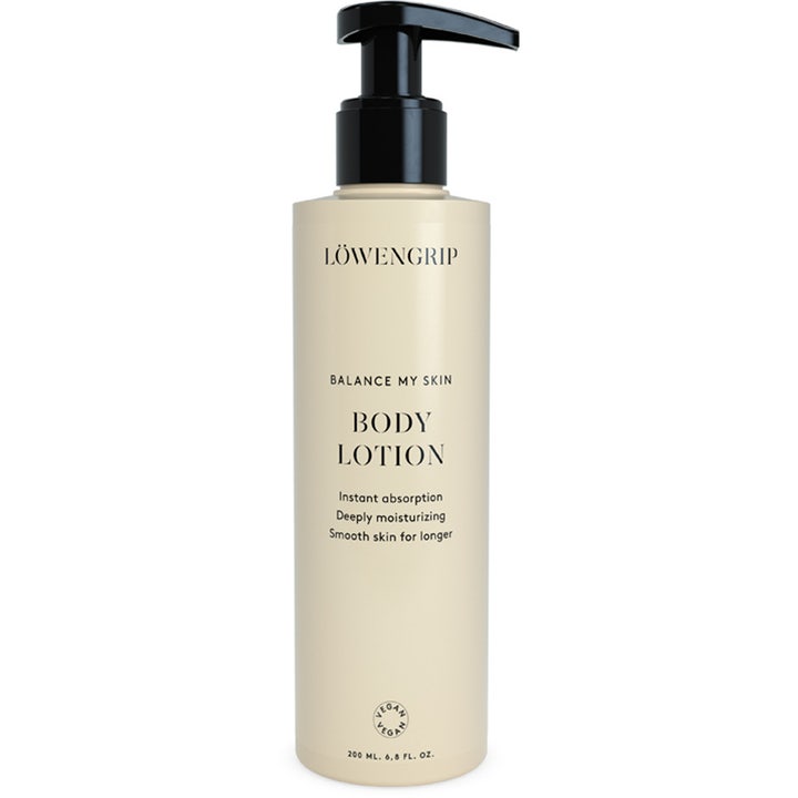 Löwengrip Balance My Skin 200 ml vegansk body lotion för torr hud i beige plastflaska med svart pump.