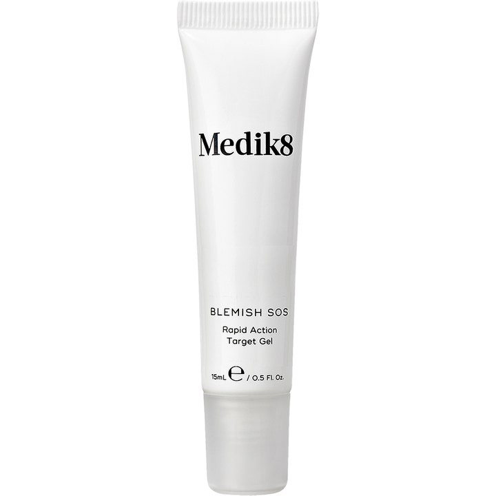 Medik8 Blemish SOS 15 ml akne behandling med effektiv salicylsyra mot finnar i en vit tub med genomskinligt lock.