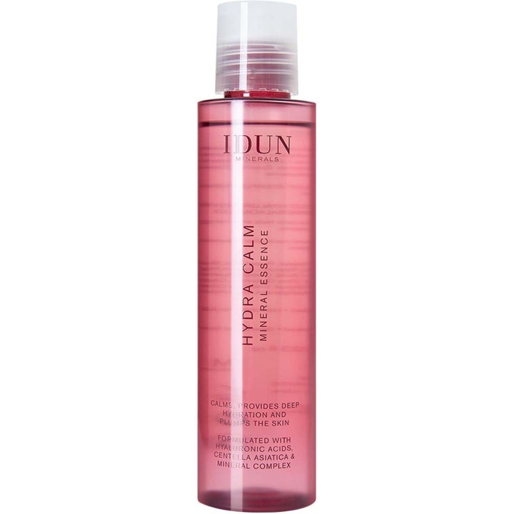 Idun Minerals Hydra Calm Mineral Essence 100 ml fuktgivande hyaluronsyra ansiktsessence i en slank rosa flaska.