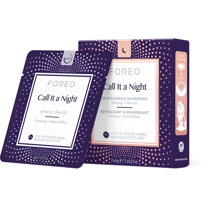 Foreo Call It a Night 7x6g revitaliserande ansiktsmask med ginseng i lila förpackning med roséguldsfärgade prickar
