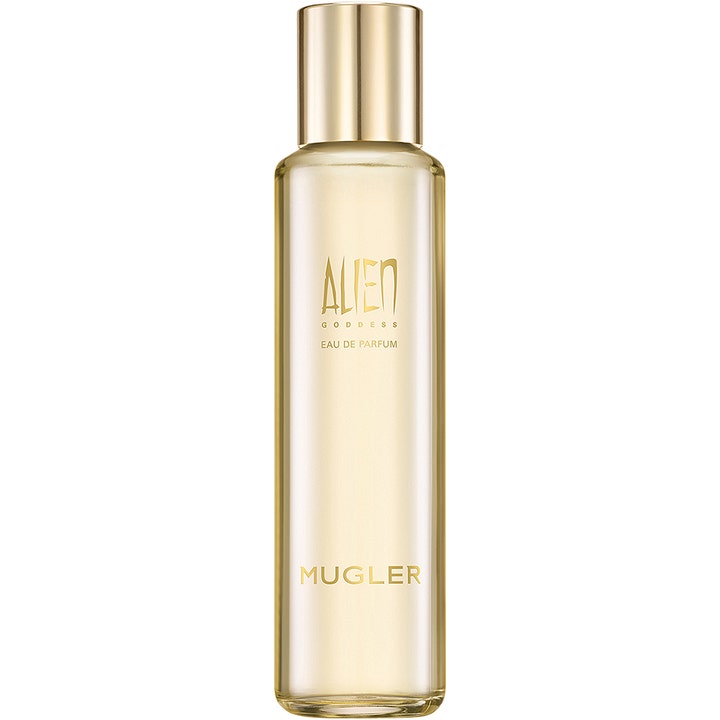 Mugler Alien Goddess 100 ml elegant vaniljparfym dam i en hög och smal glasflaska med stilren guldfärgad kork