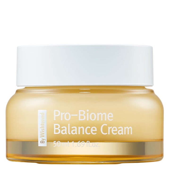 By Wishtrend Pro-Biome Balance Cream 50 ml balanserade fuktkräm för känslig hud i bärnstensfärgad glasburk med vitt lock