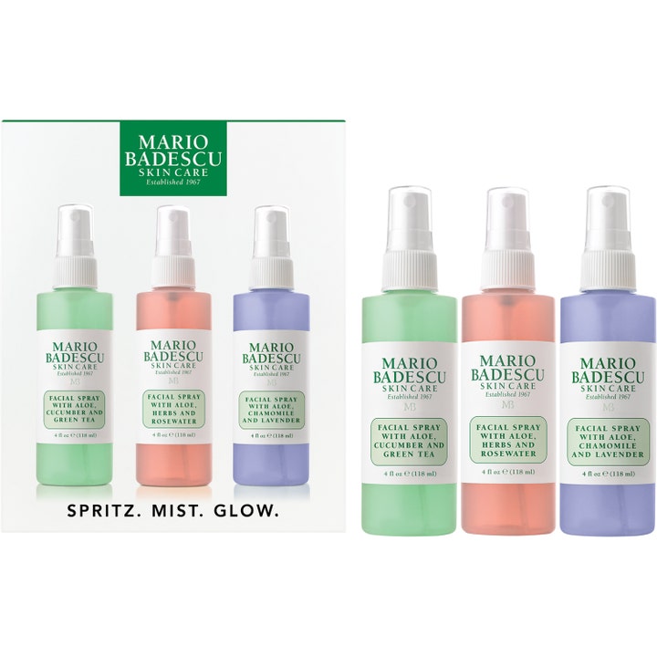 Mario Badescu Spritz Mist Glow 3x118 ml ansiktsspray set med fräsch aloe vera spray i grönt, rosa och lila.