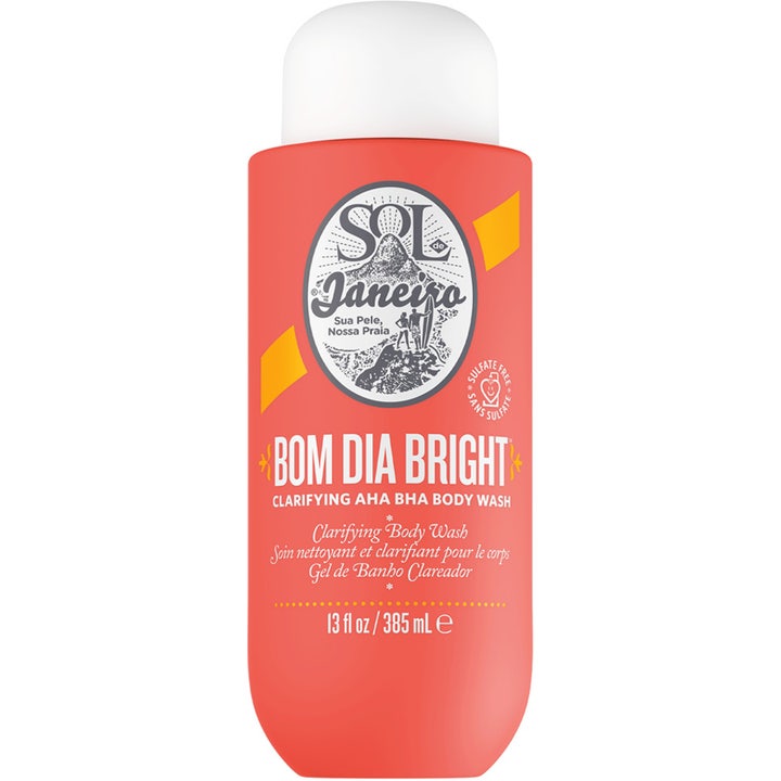 Sol de Janeiro Bom Dia Bright 385 ml exfolierande duschtvål aha bha som ger lyster i korallfärgad plastflaska