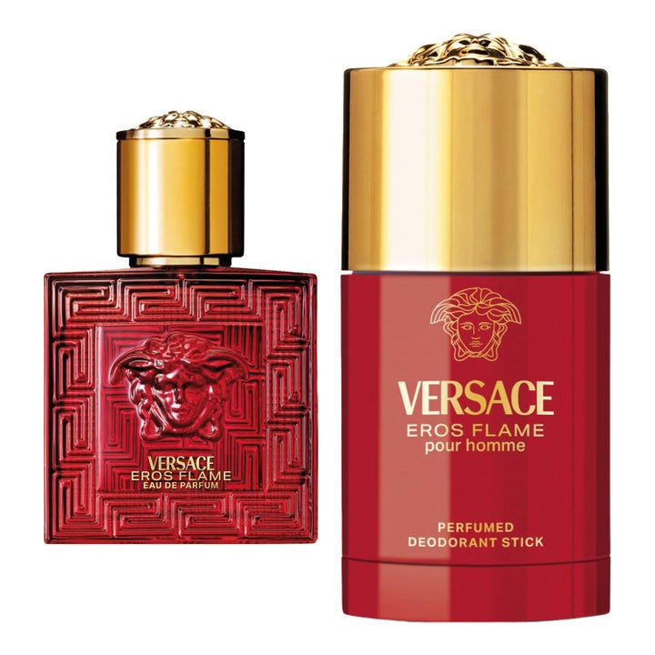 Versace Eros Flame set 105 ml röd mönstrad glasflaska och deostick med eleganta guldkorkar