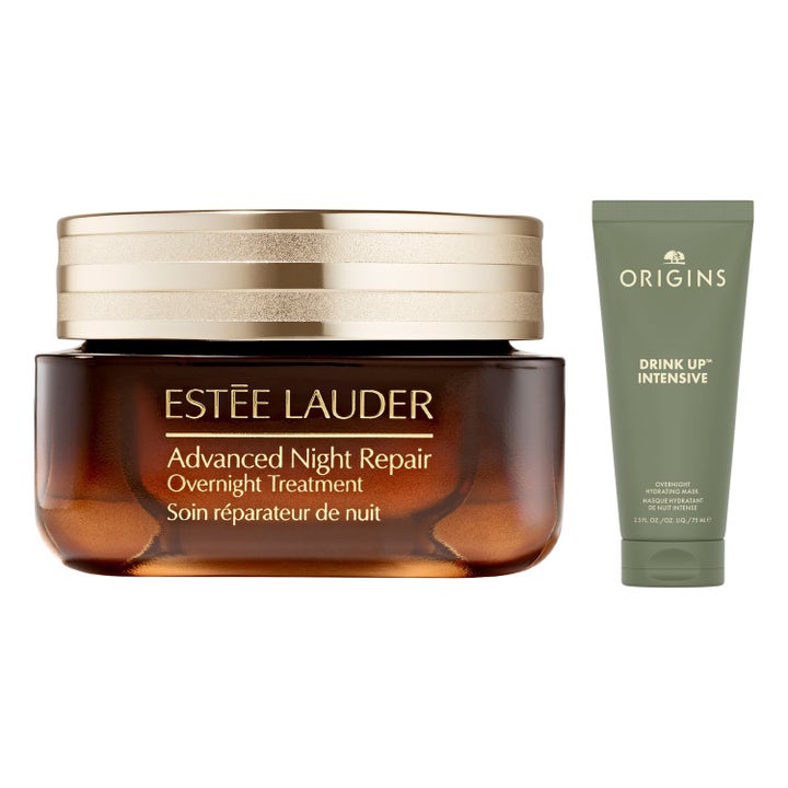 Estée Lauder Advanced Night Repair och Origins Drink Up 75 ml återfuktande nattmasker i brun glasburk och grön tub.