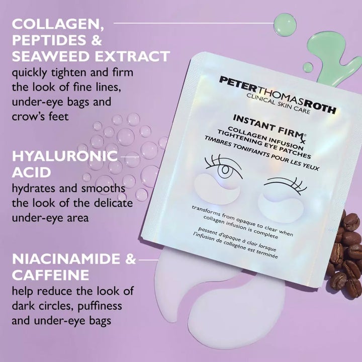Peter Thomas Roth Instant FIRMx Collagen Infusion Tightening Eye Patches 8 st ger fukt i vit påse med kaffebönor.