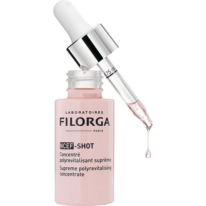 Filorga NCEF-Shot 15 ml anti age serum för hudföryngring behandling i en ljusrosa flaska med silverpipett.