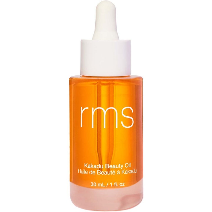 RMS Kakadu Beauty Oil 30 ml ekologisk ansiktsolja med anti-aging effekt i en genomskinlig glasflaska med vit pipett.