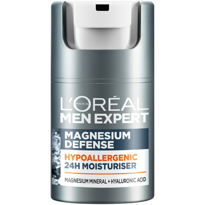 L'Oréal Men Expert Magnesium Defense 50 ml hypoallergen ansiktskräm för män i grå pumpflaska med vitt munstycke