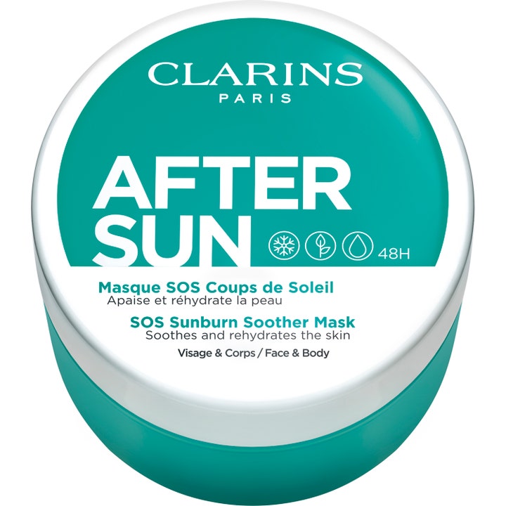 Clarins After Sun SOS Sunburn Soother Mask lugnande mask i turkosvit rund burk ger solbränna 48h fukt