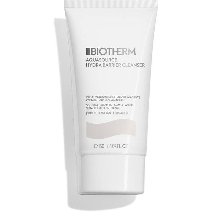 Biotherm Aquasource Hydra Barrier Cleanser 150 ml ceramider ansiktsrengöring för känslig hy i vit tub med grå detalj.