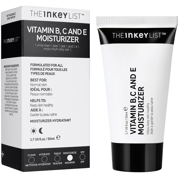 The INKEY List Vitamin B, C and E Moisturizer 50 ml näringsrik återfuktande dagkräm i vit tub och svartvit kartong