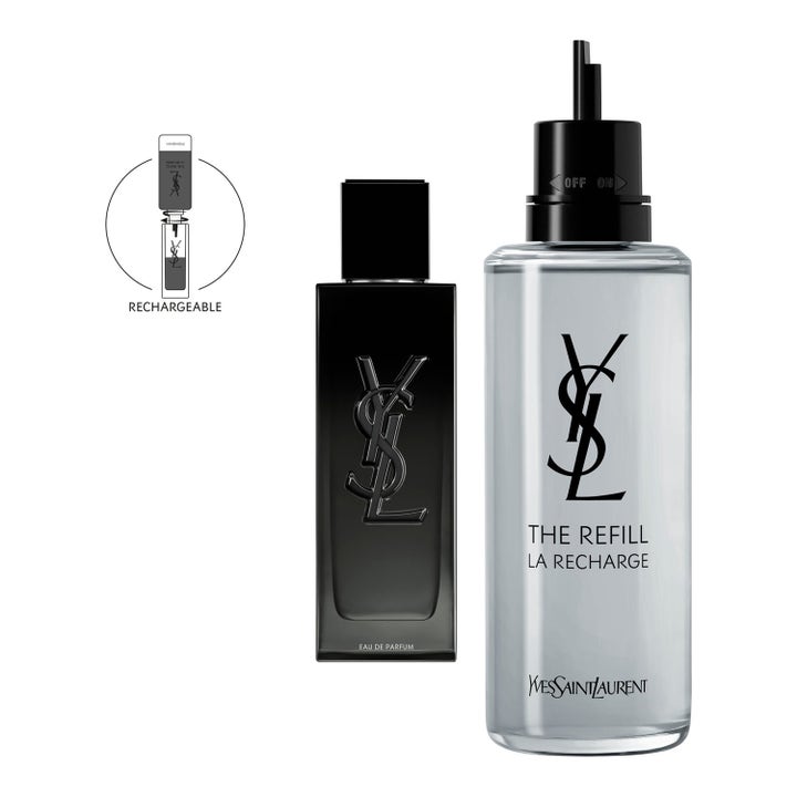 Yves Saint Laurent Myslf EdP Refill 150ml parfym för påfyllning i genomskinlig glasflaska intill svart flaska