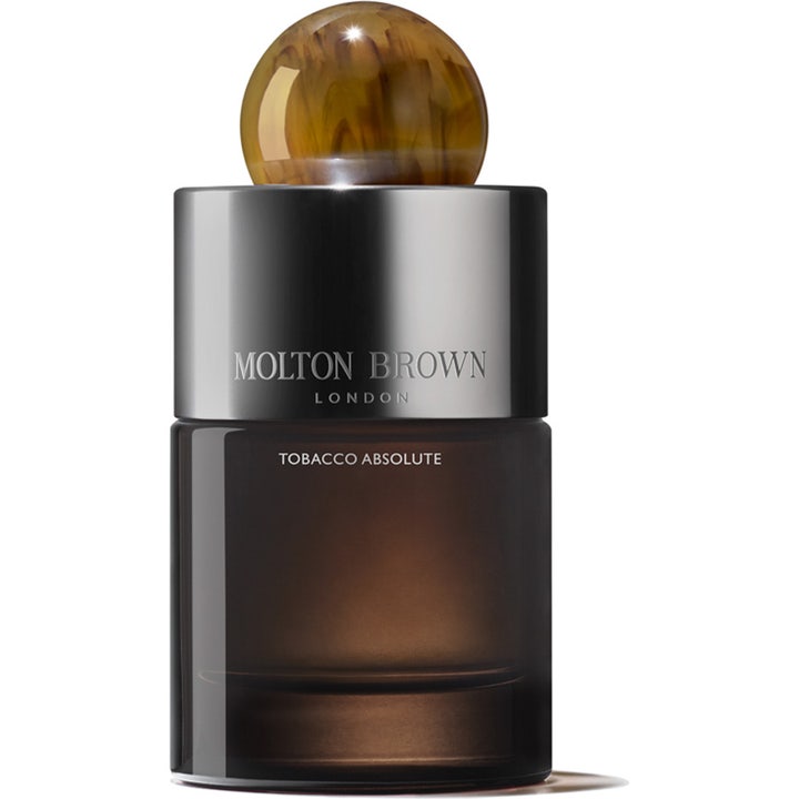 Molton Brown Tobacco Absolute 100 ml eau de parfum i mörkbrun glasflaska med silverlock och mönstrad glaskula