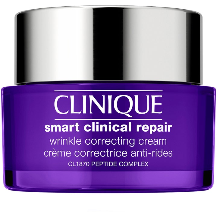 Clinique Smart Clinical Repair Wrinkle Correcting Cream i lila glasburk med silverlock som reducerar rynkor.