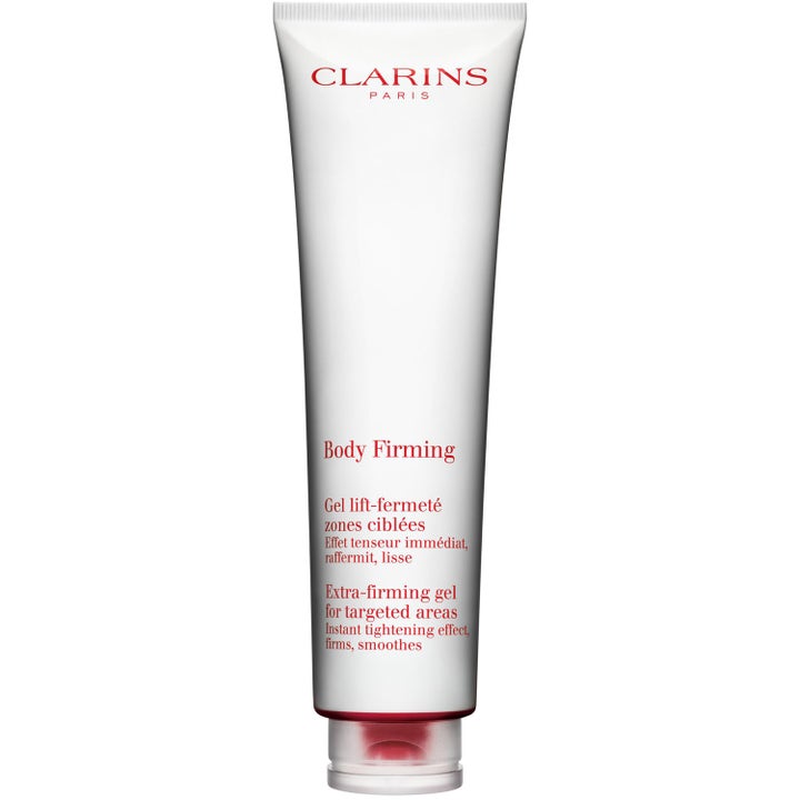 Clarins Body Firming Extra-firming gel uppstramande kroppsgel i vit tub med röd text som ger slätare hud