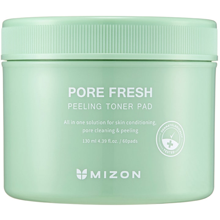 Mizon Pore Fresh Peeling Toner Pad 60 st all in one peeling pads ger porrengöring i en ljusgrön plastburk med vitt tryck.
