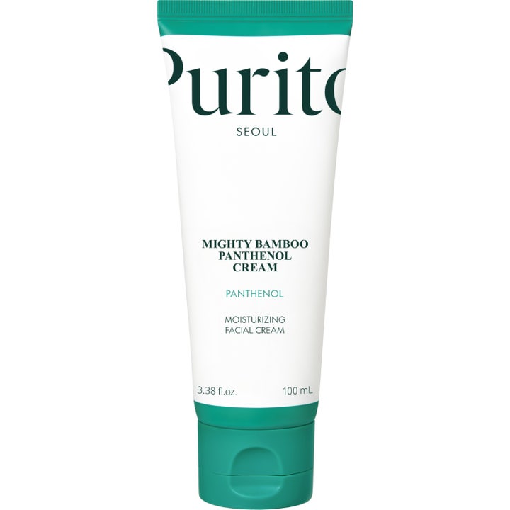 Purito Seoul Mighty Bamboo Panthenol Cream 100 ml stärker hudbarriären i en vit tub med mörkgrönt lock