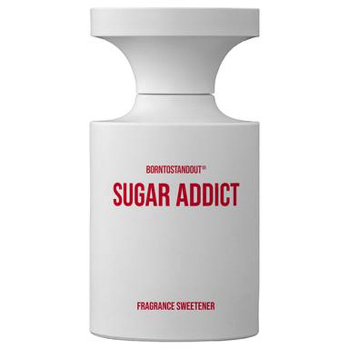 BornToStandOut Sugar Addict Eau de Parfum 100 ml parfym i en vit matt flaska med röd text och brett lock