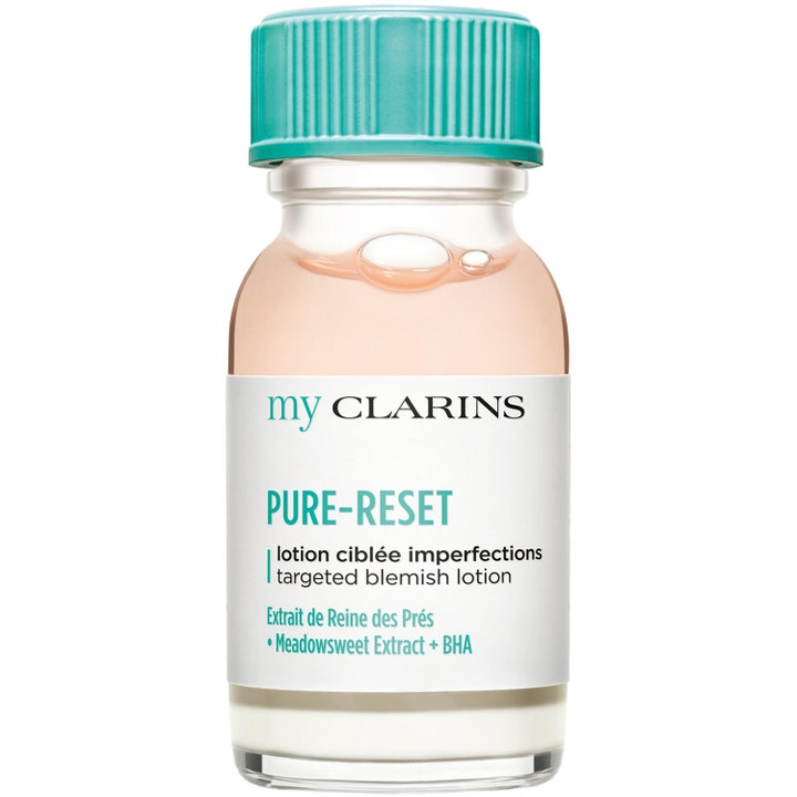 My Clarins Pure-Reset Targeted Blemish Lotion 15ml akutbehandling finnar i glasflaska med turkost lock och tvåfas-formula.