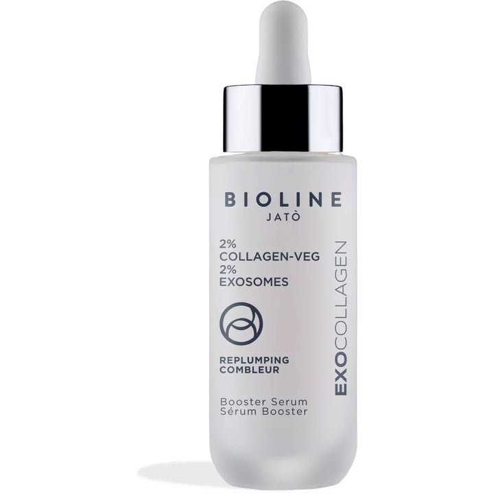 Bioline Jatò Exocollagen Booster Serum utfyllande ansiktsserum med kollagen i frostad glasflaska med silverpipett.