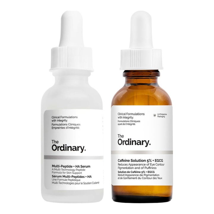 The Ordinary Buffet och Caffeine Solution 30ml anti age hudvård för ögon i frostat glas och bärnstensflaska