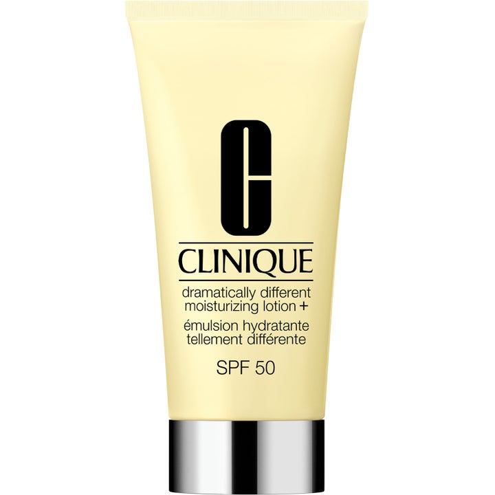 Clinique Dramatically Different Moisturizing Lotion+ SPF 50 återfuktande fuktkräm i gul plasttub med silverkork.