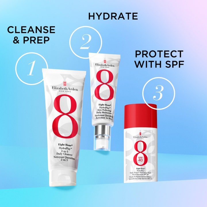 Elizabeth Arden Eight Hour Sun Hydraplay 50 ml ger daglig solskydd ansikte i en vit flaska med rött lock och spf40