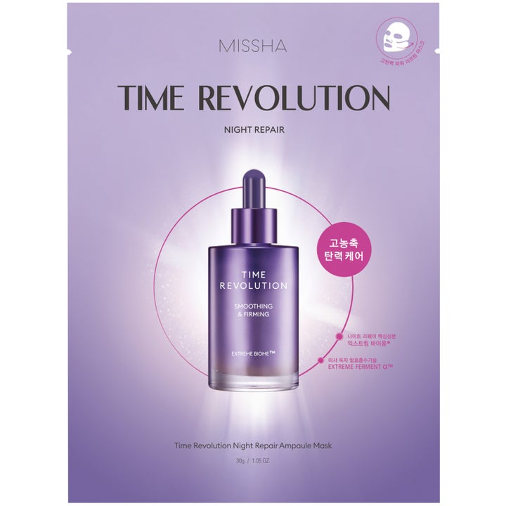 Missha Time Revolution Night Repair Ampoule Mask 30g utslätande ansiktsmask i lila förpackning med bild av en serumflaska